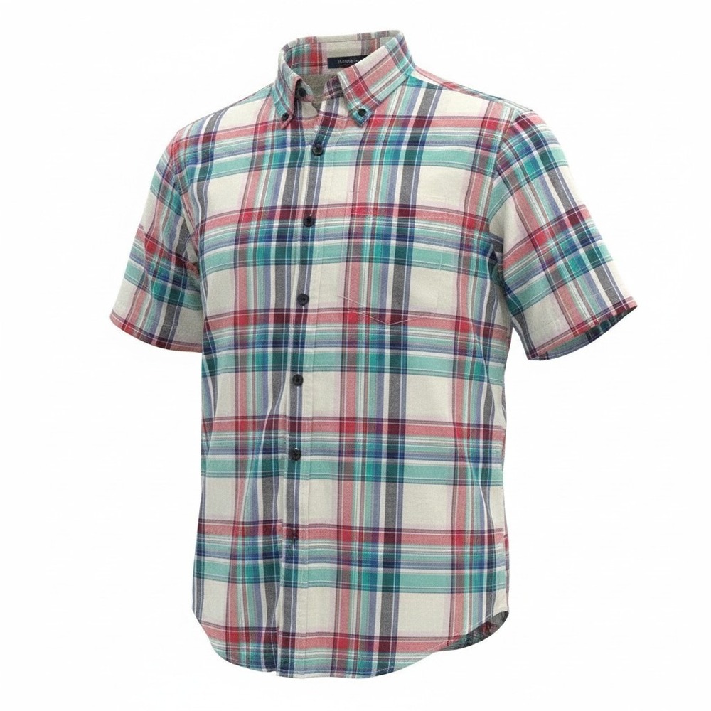 Lands End Mens Med Plaid Short Sleeve Button Down Shirt Traditional Red Teal